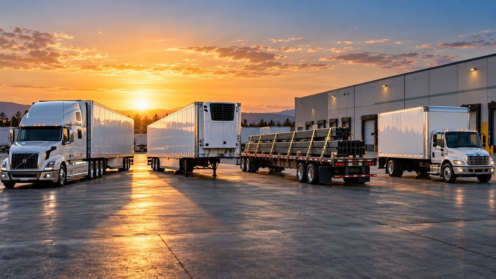 Dry van, refrigerated reefer, secured flatbed and box truck equipment at a freight yard