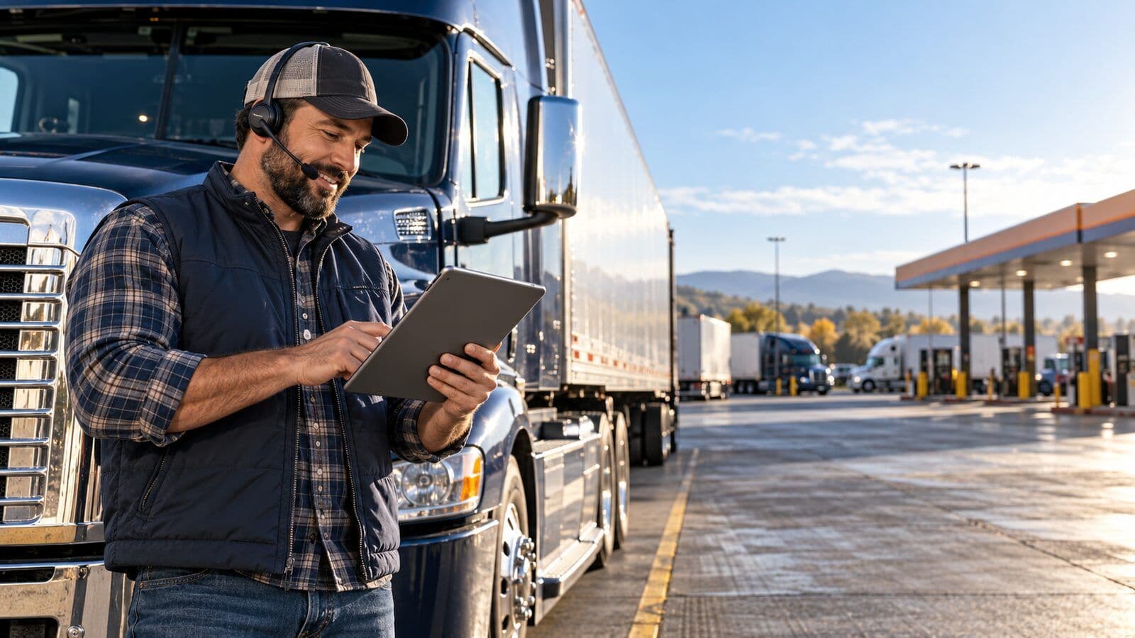 Owner-operator reviewing a load on a tablet while communicating with dispatch